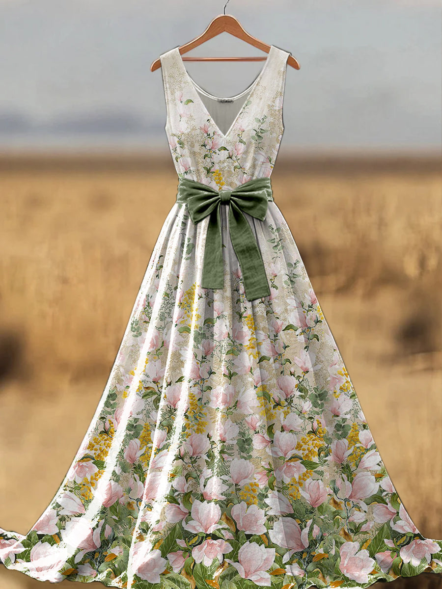 Retro Boho Floral Art Print V-Neck Sleeveless Cotton Maxi Dress