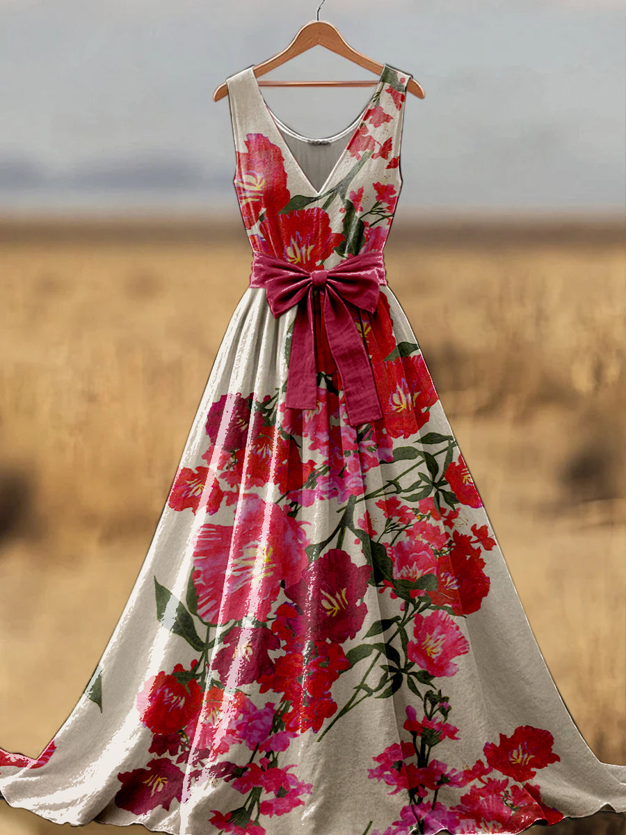 Retro Boho Floral Art Print V-Neck Sleeveless Cotton Maxi Dress