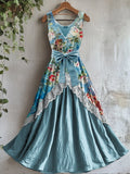 Retro Boho Floral Art Print Vintage V-Neck Lace Applique Patch Sleeveless Maxi Dress