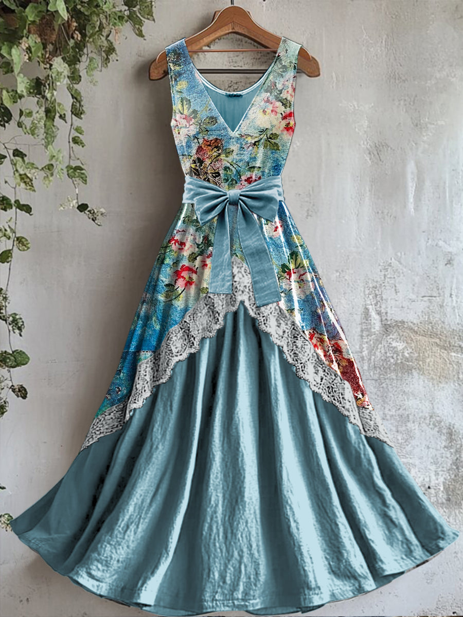 Retro Boho Floral Art Print Vintage V-Neck Lace Applique Patch Sleeveless Maxi Dress