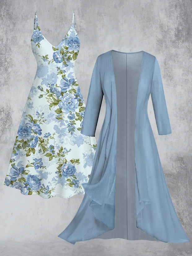 Retro Floral Art Printed Vintage Camisole Dress Long Sleeve Two-Piece Midi Dress