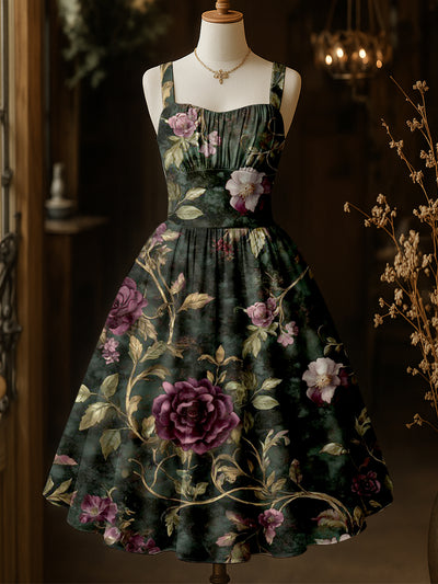 Retro Floral Art Printed Vintage Chic Pleated Waist Slip Midi Dress