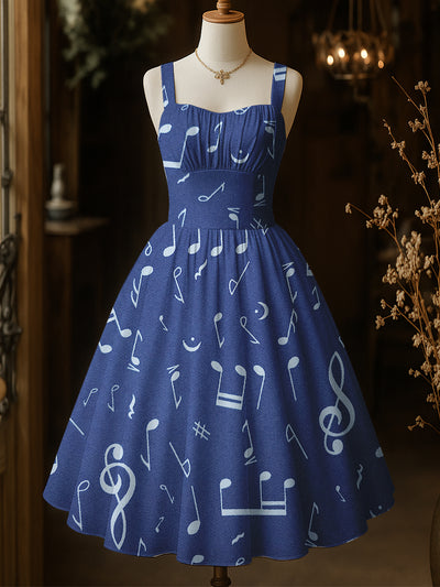 Retro Elegant Notes Art Printed Vintage Chic Pleated Waist Slip Midi Dress