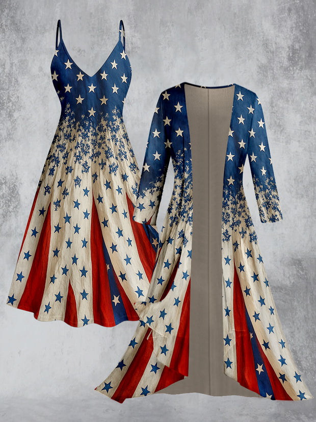Retro American Flag Floral Art Printed Vintage Camisole Dress Long Sleeve Two-Piece Midi Dress