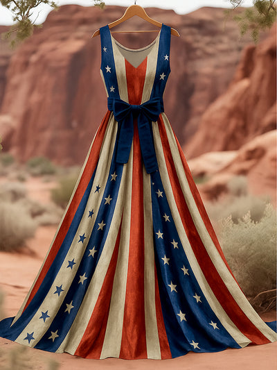 Retro American Flag Applique Floral Art Print V-Neck Sleeveless Cotton Maxi Dress