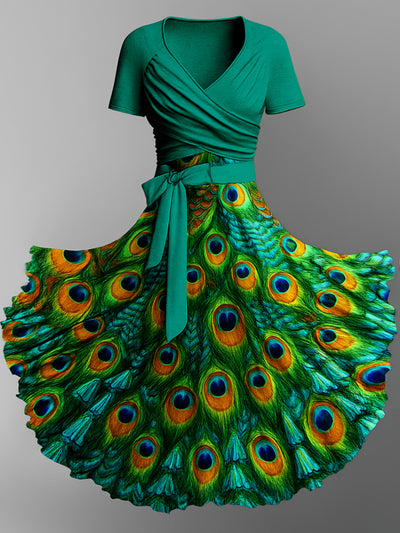Retro Peacock Art Printed Vintage Cross Fold Short Sleeve Two-Piece Midi Dress