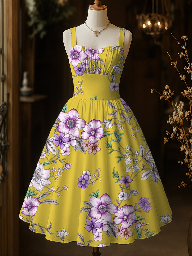 Retro Floral Art Printed Vintage Chic Pleated Waist Slip Midi Dress