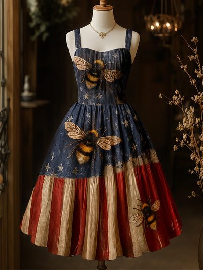 Retro American Flag Wild Bees Art Printed Vintage Chic Pleated Waist Slip Midi Dress