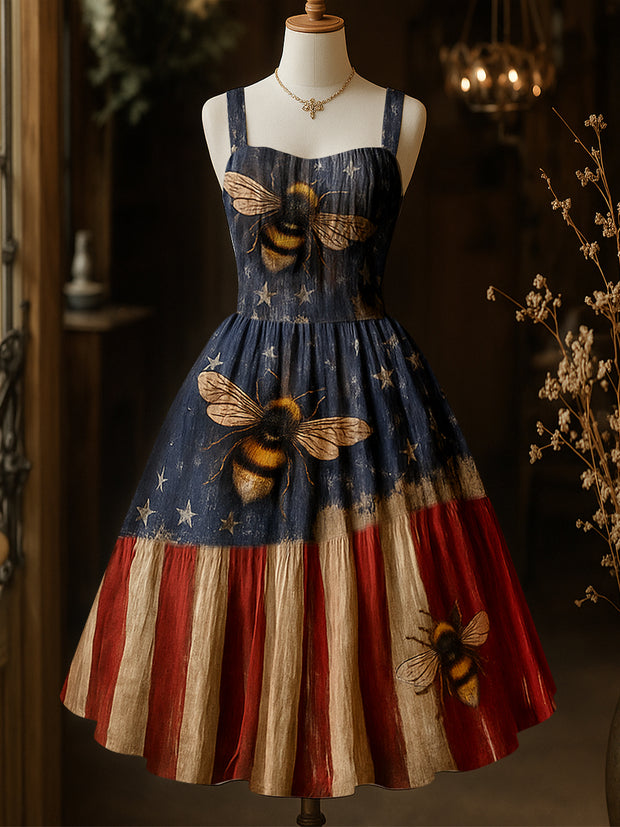 Retro American Flag Wild Bees Art Printed Vintage Chic Pleated Waist Slip Midi Dress