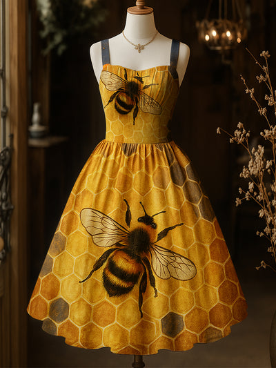 Retro Wild Bees Art Printed Vintage Chic Pleated Waist Slip Midi Dress