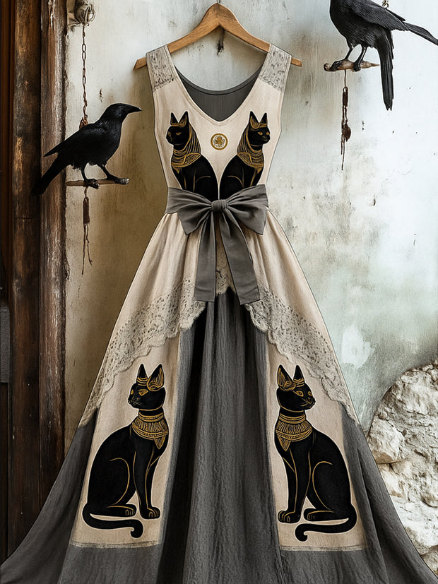 Retro Egyptian Mythical Cats Art Print Vintage V-Neck Lace Waist Belt Sleeveless Maxi Dress