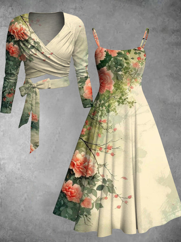 Vintage Floral Print V Neck Midi Two-Piece Long Sleeve Dress