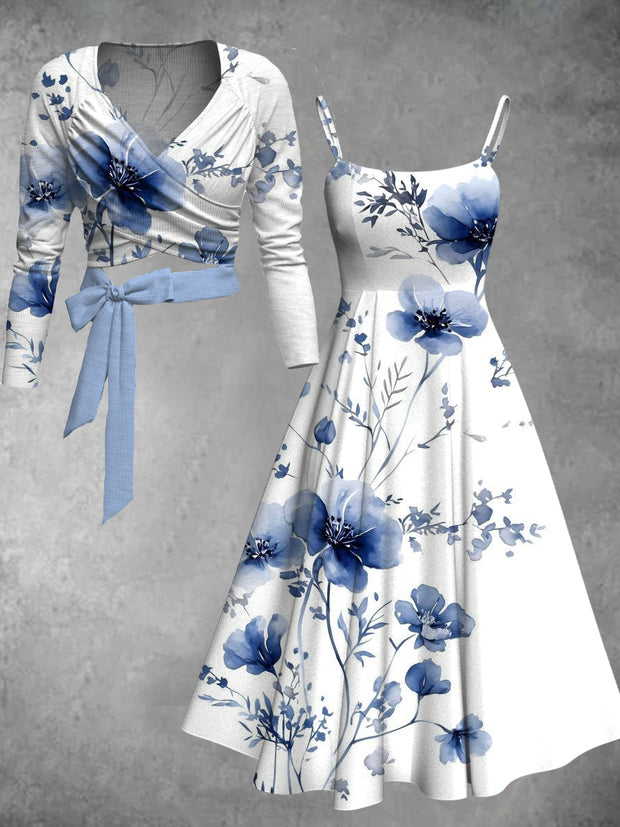 Vintage Floral Print V Neck Midi Two-Piece Long Sleeve Dress