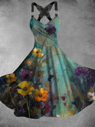 Vintage Floral Print V-Neck Butterfly Lace Sling Loose Midi Dress