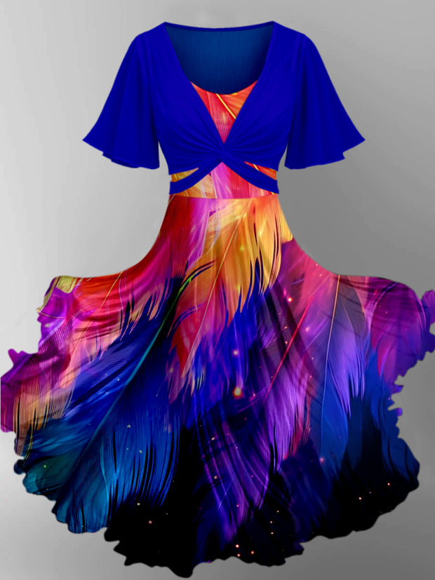 Retro Colorful Feathers Art Printed Vintage Cross Fold Short Sleeve Two-Piece Midi Dress