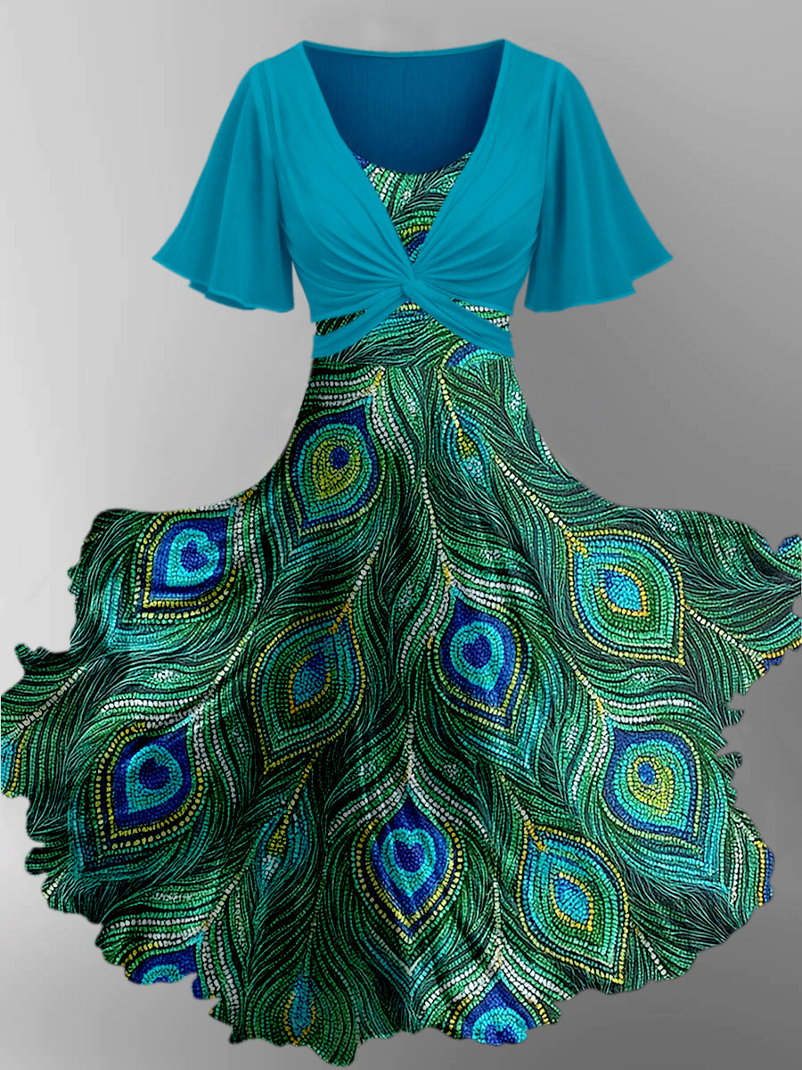 Retro Peacock Art Printed Vintage Cross Fold Short Sleeve Two-Piece Midi Dress