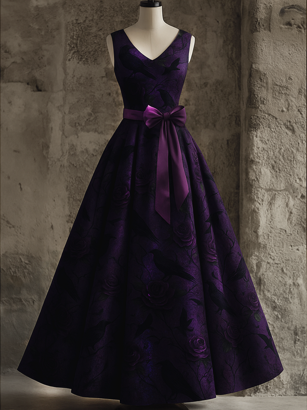 Retro Punk Dark Night Rose Art Print V-Neck Sleeveless Cotton Maxi Dress