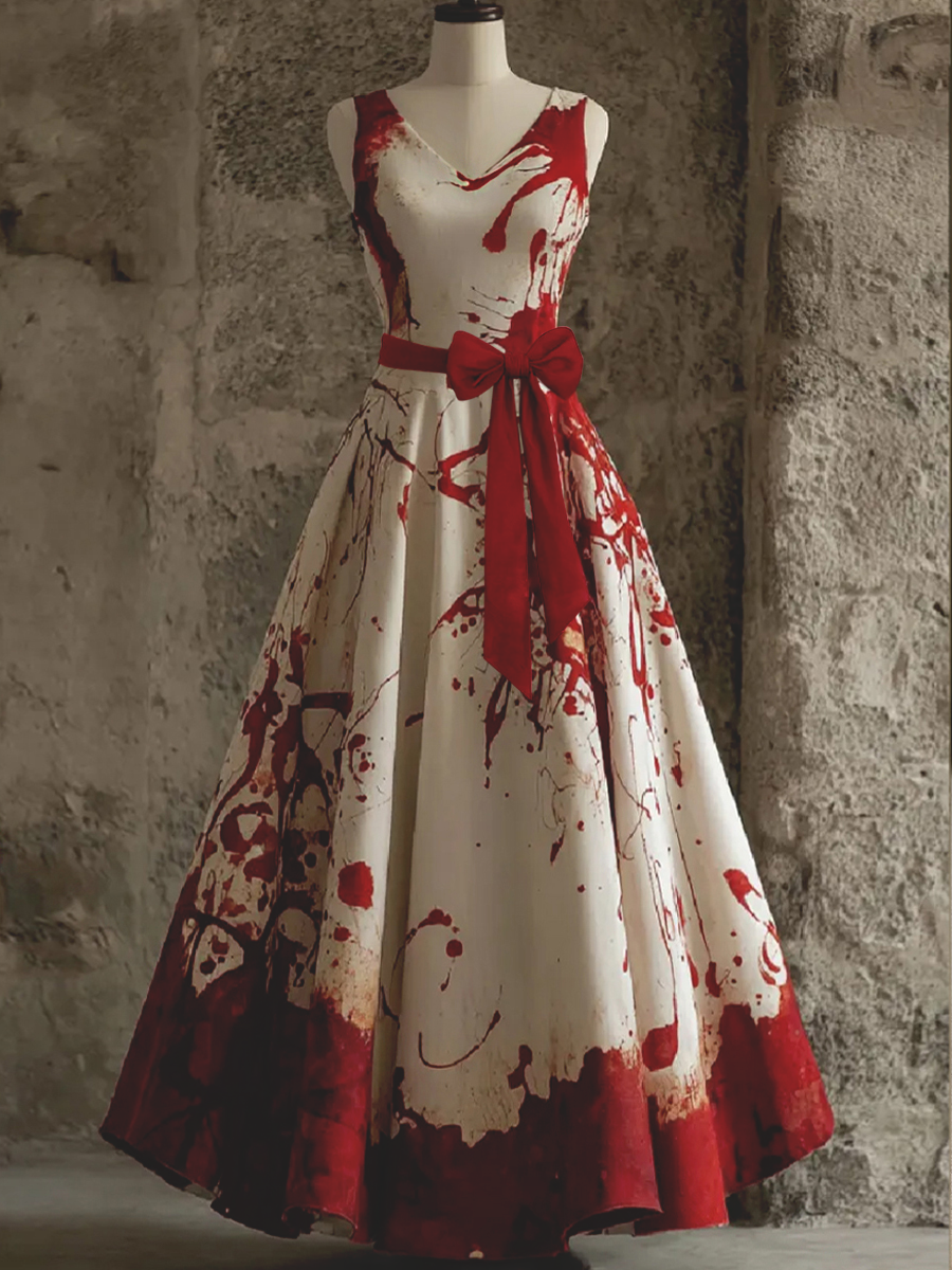 Retro Punk Blood Art Print V-Neck Sleeveless Cotton Maxi Dress
