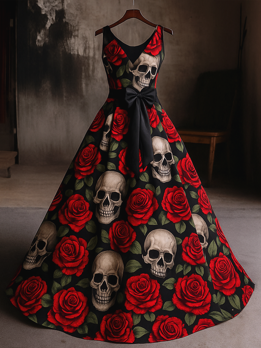 Retro Punk Dark Night Rose Art Print V-Neck Sleeveless Cotton Maxi Dress