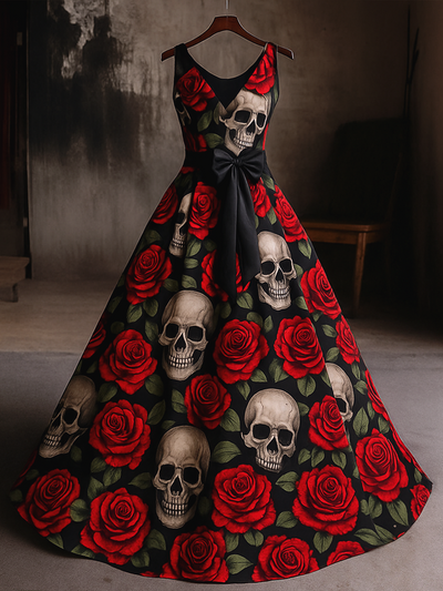 Retro Punk Dark Night Rose Art Print V-Neck Sleeveless Cotton Maxi Dress