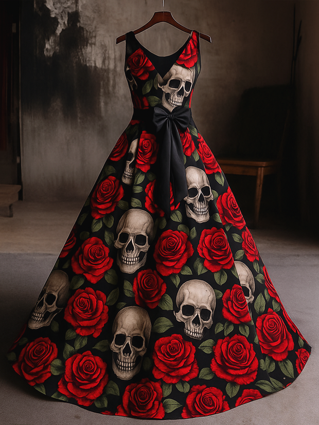 Retro Punk Dark Night Rose Art Print V-Neck Sleeveless Cotton Maxi Dress