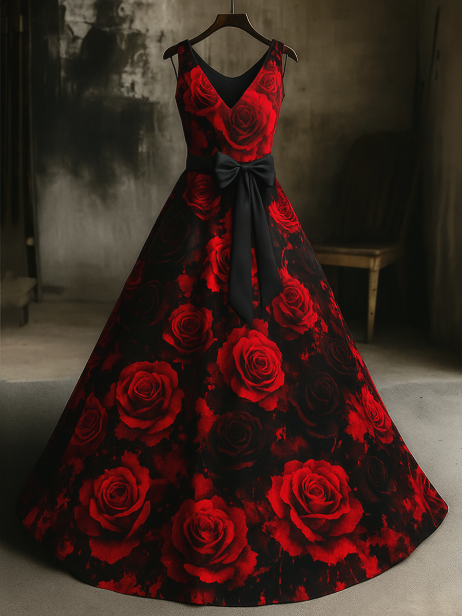 Retro Punk Dark Night Rose Art Print V-Neck Sleeveless Cotton Maxi Dress