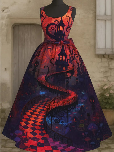 Punk Retro Skull Art Print V-Neck Sleeveless Cotton Maxi Dress