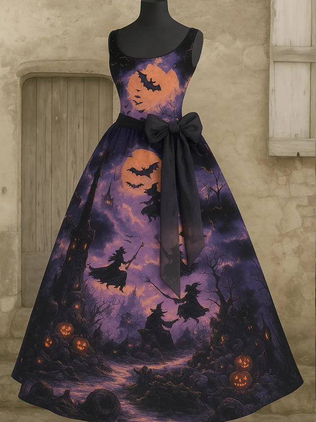 Punk Retro Skull Art Print V-Neck Sleeveless Cotton Maxi Dress