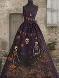 Punk Retro Skull Art Print V-Neck Sleeveless Cotton Maxi Dress