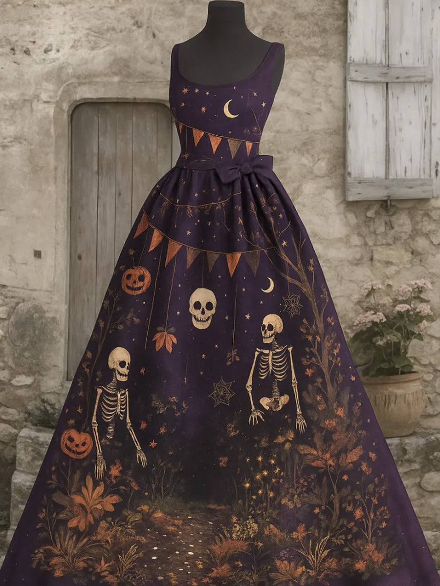 Punk Retro Skull Art Print V-Neck Sleeveless Cotton Maxi Dress