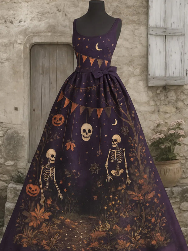 Punk Retro Skull Art Print V-Neck Sleeveless Cotton Maxi Dress