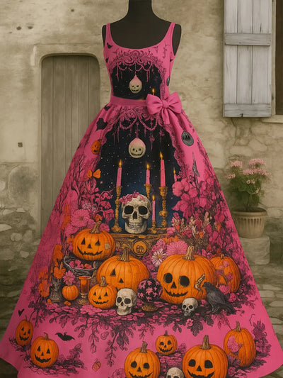 Punk Retro Skull Art Print V-Neck Sleeveless Cotton Maxi Dress