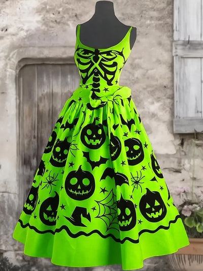 Punk Retro Skull Art Print V-Neck Sleeveless Cotton Maxi Dress