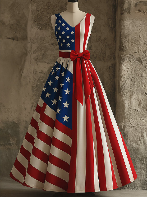 Retro American Flag Art Print V-Neck Sleeveless Cotton Maxi Dress