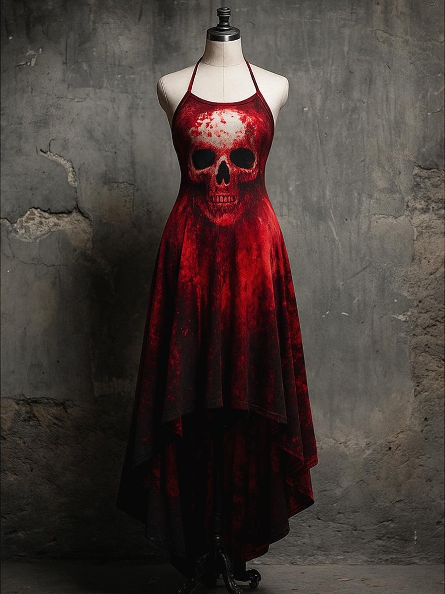 Retro Skull Art Printed Vintage Comfortable Elasticity Strappy Irregular Midi Dress