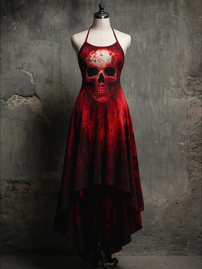 Retro Skull Art Printed Vintage Comfortable Elasticity Strappy Irregular Midi Dress