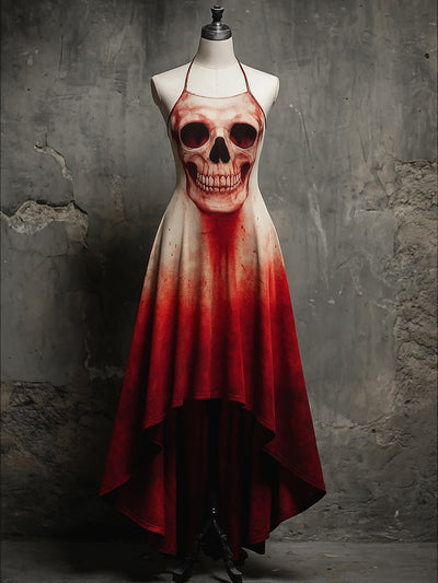 Retro Skull Art Printed Vintage Comfortable Elasticity Strappy Irregular Midi Dress