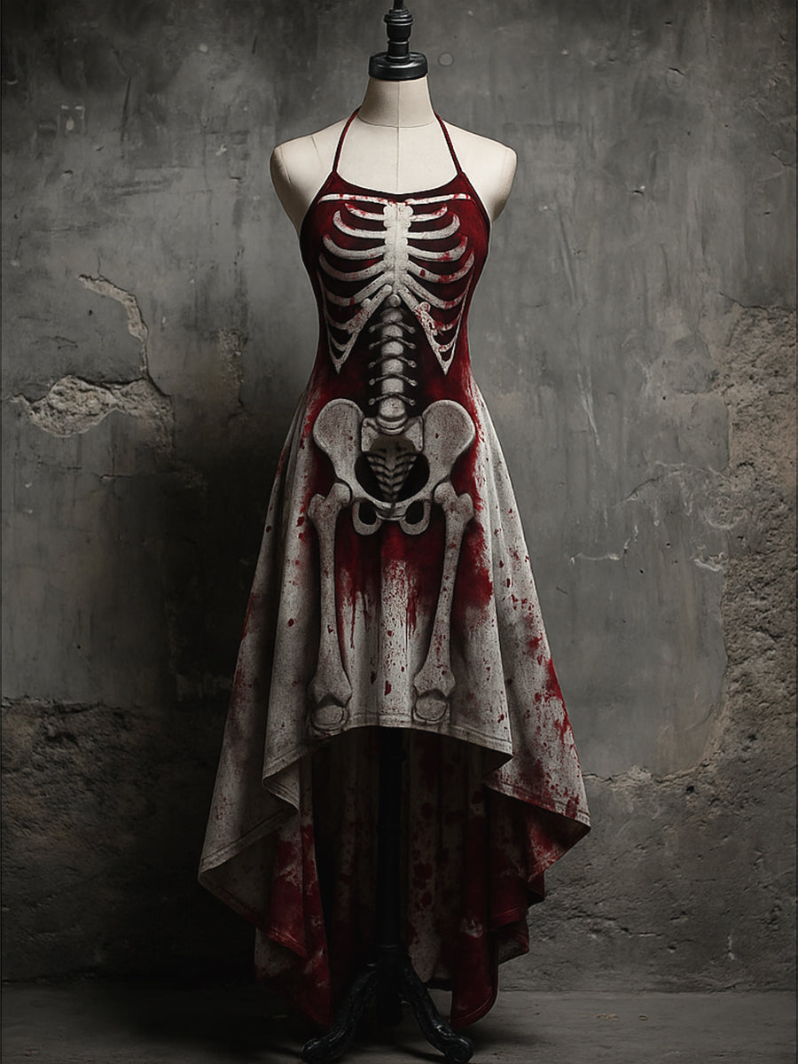 Retro Skull Art Printed Vintage Comfortable Elasticity Strappy Irregular Midi Dress
