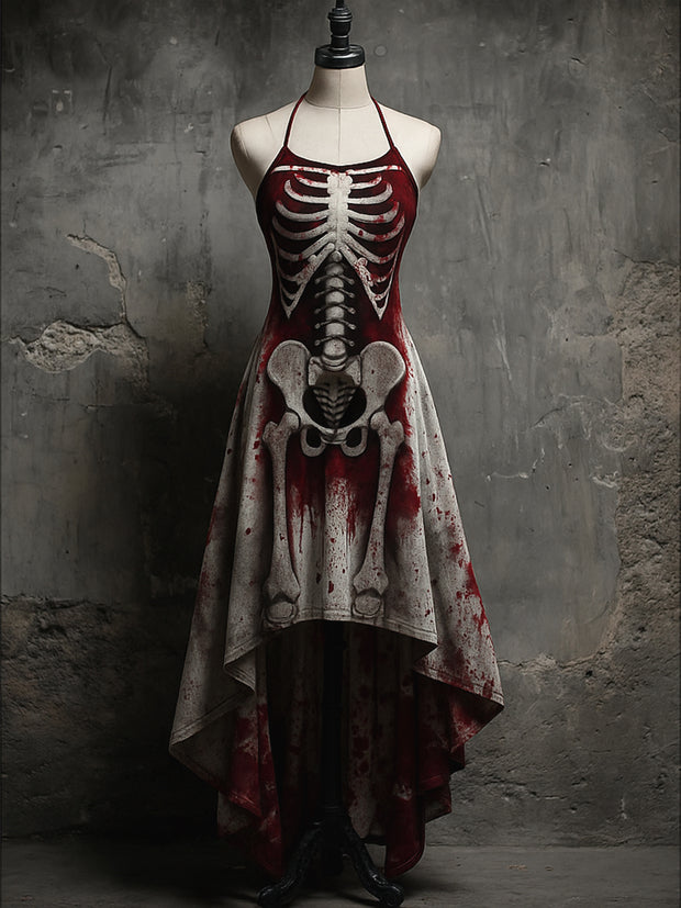 Retro Skull Art Printed Vintage Comfortable Elasticity Strappy Irregular Midi Dress