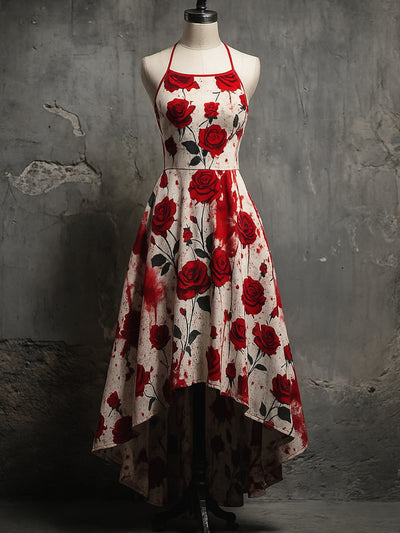 Retro Floral Art Printed Vintage Comfortable Elasticity Strappy Irregular Midi Dress