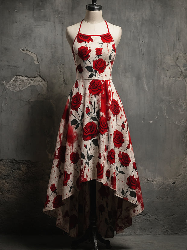 Retro Floral Art Printed Vintage Comfortable Elasticity Strappy Irregular Midi Dress