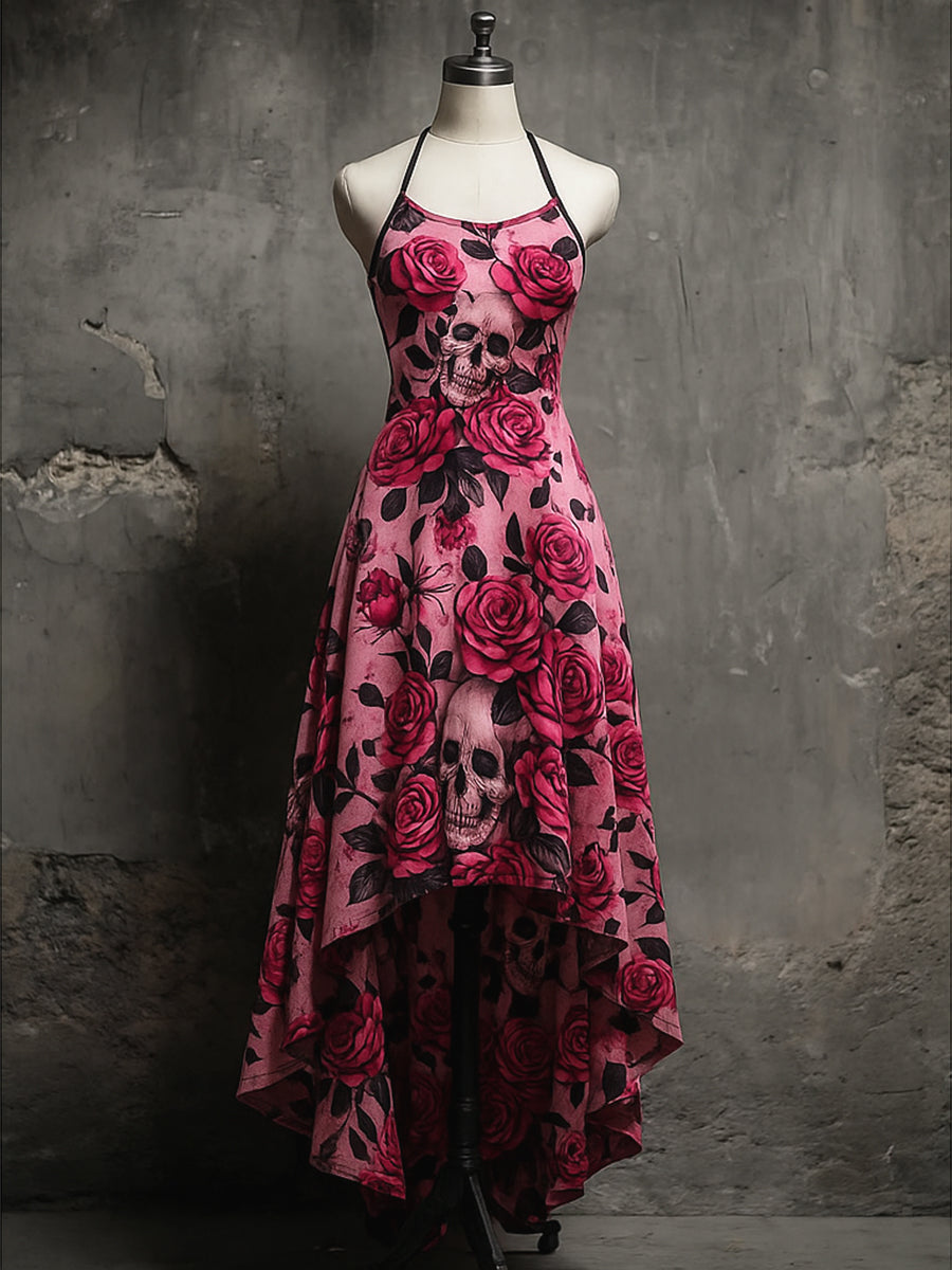 Retro Skull Floral Art Printed Vintage Comfortable Elasticity Strappy Irregular Midi Dress