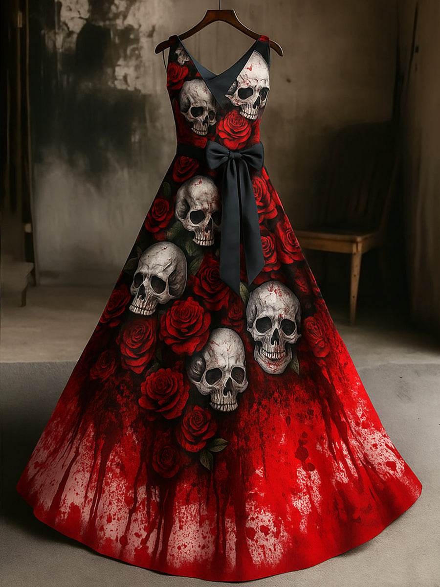 Retro Skull Floral Art Print V-Neck Sleeveless Cotton Maxi Dress