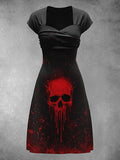 Retro Skull Art Printed Vintage V-Neck Pleated Waist Short Sleeve Midi Dress