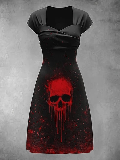 Retro Skull Art Printed Vintage V-Neck Pleated Waist Short Sleeve Midi Dress