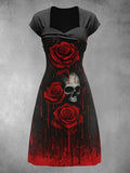 Retro Skull Floral Art Printed Vintage V-Neck Pleated Waist Short Sleeve Midi Dress