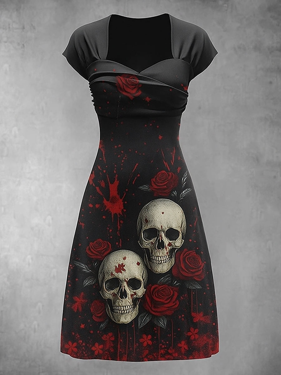 Retro Skull Floral Art Printed Vintage V-Neck Pleated Waist Short Sleeve Midi Dress