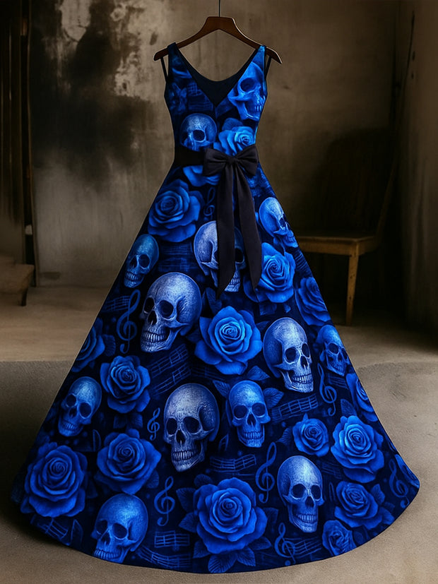 Retro Skull Floral Art Print V-Neck Sleeveless Cotton Maxi Dress