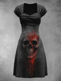Retro Skull Art Printed Vintage V-Neck Pleated Waist Short Sleeve Midi Dress