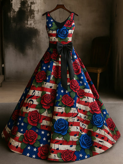 Retro American Flag Floral Art Print V-Neck Sleeveless Cotton Maxi Dress